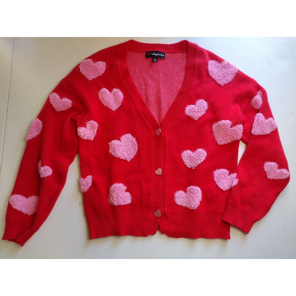 33 Degrees Red Heart Cardigan Pink Sherpa Hearts V-Neck Knit Sweater Womens Med